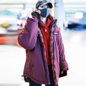 欧阳娜娜明星同款羽绒服女2021年新款情侣中长款两面穿加厚外套男