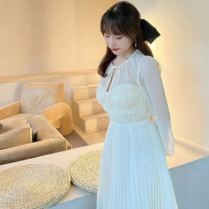 高级感vintage仙女连衣裙女夏超仙甜美薄纱花边抹胸气质雪纺裙子