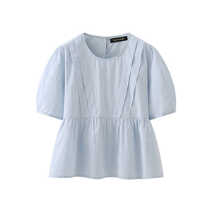 拉夏贝尔/La Chapelle法式拼接压褶短袖衬衫女简约纯色减龄娃娃衫