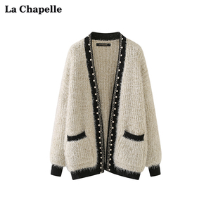 拉夏贝尔/La Chapelle春季蝙蝠型金丝粗针织开衫女宽松毛衣外套