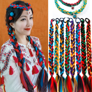 娜树彩色藏辫 西藏藏族式假发超长麻花辫子藏服头饰发饰蓝红黄色