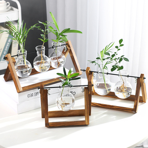 创意烧杯水培花瓶办公室桌面摆件木架容器绿萝植物玻璃插花瓶装饰