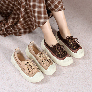 厚底板鞋女设计感小众圆头平底单鞋真皮复古女鞋软底春季休闲鞋女
