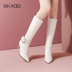 白色骑士靴女气质尖头细跟性感真皮长筒女靴高跟百搭显瘦高筒靴