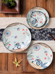 日式皮皮兔手绘印彩釉下陶瓷餐具家用高脚碗碟盘陶瓷碗