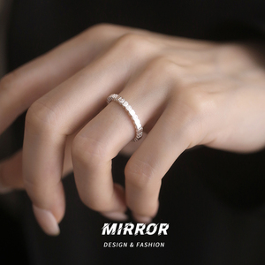 小麋人925纯银方块肌理闪钻细戒指女指环小众设计个性韩国气质