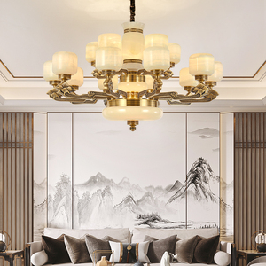 全铜玉石灯家用新中式客厅吊灯中国风餐厅茶室卧室灯纯铜云石灯具