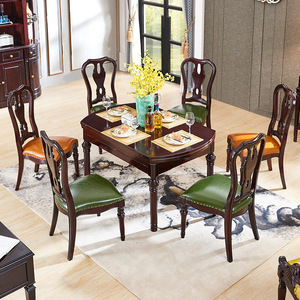 美式餐桌椅组合 全实木6人圆形多功能可伸缩饭桌餐椅子小户型餐台