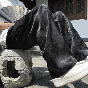 新中式国风龙纹提花冰丝直筒西装裤子男装夏季薄款唐装垂感小西裤