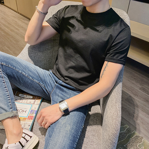 短袖T恤男夏季潮牌纯色高端冰丝打底衫韩版修身潮流圆领半袖体恤