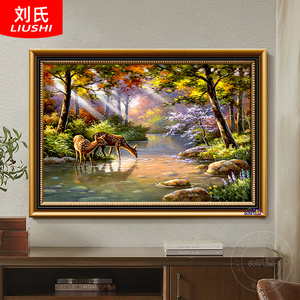 林中小鹿手绘油画欧式古典风景美式入户玄关装饰画别墅客厅壁挂画