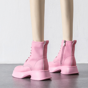 欧洲站粉色马丁靴女厚底2022年秋季新款真皮侧拉链增高中筒短靴潮
