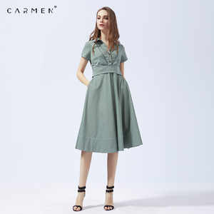 carmen卡蔓女装夏季v领衬衫裙小众设计感短袖收腰中长款连衣裙女