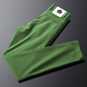 轻奢潮货草绿色灯芯绒休闲裤男修身厚款秋冬季男士彩色条绒裤子帅