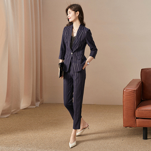高端商务西装套装女韩版修身显瘦春秋款黑色竖条纹气质时尚小西服