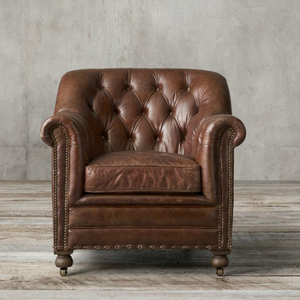 美式乡村真皮沙发单人皮椅休闲沙发椅复古欧式油蜡皮拉扣办公室