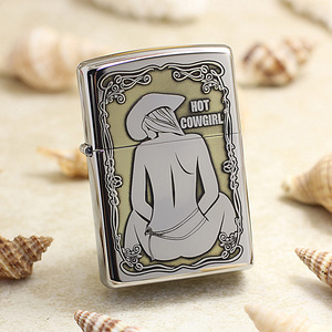 原装正品zippo打火机芝宝正版之宝专柜 银色镜面250精雕牛仔女郎