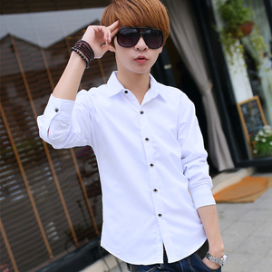 夏季长袖纯色衬衫男士韩版修身青少年白色衬衣潮男装休闲寸衫衣服