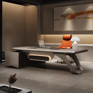 设计师款老板桌办公桌背景柜轻奢高级感总裁桌文件柜极简桌椅组合