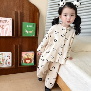 韩国秋季新款儿童家居服宝宝A类高品质华夫格全棉睡衣男女童套装