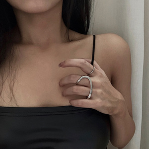 韩国时尚925银开口戒指女复古不规则几何双指ins潮小众个性饰品