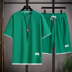 短袖t恤夏季套装男镂空透气绿色理发师一套衣服华夫格短裤两件套
