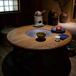 老榆木围炉桌子煮茶桌小茶几烧烤桌榆木圆桌户外实木茶台阳台家具