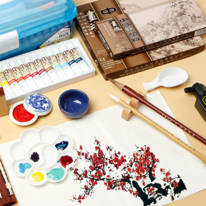 国画工具套装颜料12色18色24色初学者毛笔小学生儿童入门矿物颜料水墨