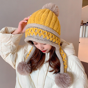 粗毛线钩针双色加绒三球毛线帽可爱甜美女友冬季保暖帽子显脸小潮