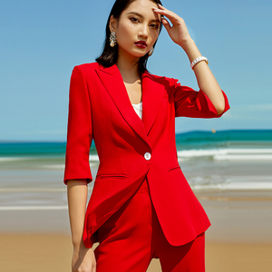 高端红色主持西装喇叭裤套装女2022夏季新款七分袖时尚气质职业装