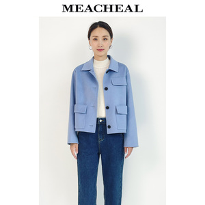 MEACHEAL米茜尔冬季新款天蓝色时尚休闲女外套绵羊毛双面呢短大衣