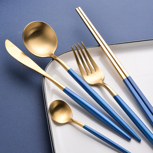 欧式蓝色拉丝不锈钢西餐餐具家用主餐勺子高档牛排刀叉甜品勺筷子