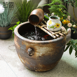 陶瓷大水缸鱼缸复古做旧仿青铜庭院造景流水门海酒店民宿室外缸