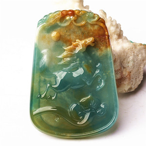 翡翠蓝水马牌吊坠玉马挂件蓝水带黄翡大码男女生肖玉佩a货证书