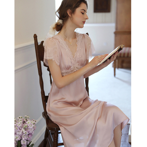 曼妮芬真丝睡衣女高级感带胸垫法式睡裙宫廷风夏季短袖桑蚕丝冰丝