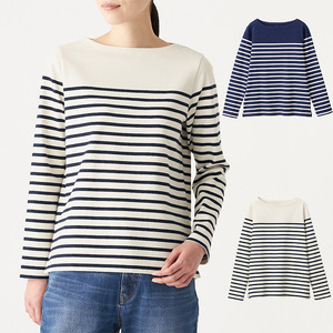 无印良品女式春秋一字领条纹上衣粗棉线天竺编织长袖打底t恤纯棉
