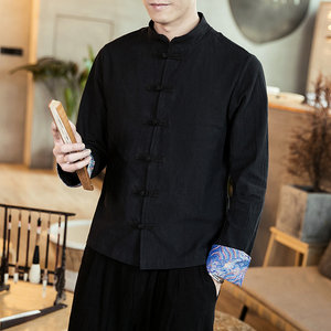 2019春秋新款青年立领盘扣中山装中国风衬衣男中式唐装外套长袖薄