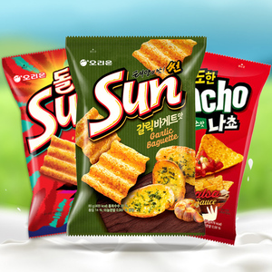 韩国进口好丽友辣味干酪玉米片92g3包sun太阳玉米膨化80g波浪薯片