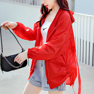 防晒衣女夏季薄款2021新款小个子长袖宽松冰丝防晒服中款红色外套