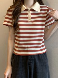 翻领条纹POLO领短袖T恤女夏季韩版新款打底衫显瘦高腰短款上衣服