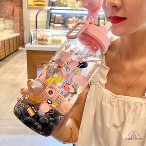 日本涂鸦水瓶杯少女心可爱ins风吸管杯玻璃水杯便携超大容量杯子