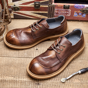 羚步日系皮鞋男真皮2021新款棕色布洛克男鞋软皮软底大头工装皮鞋