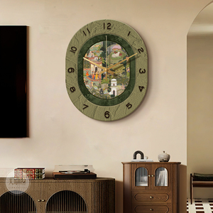 法式复古客厅挂钟中古风餐厅装饰画餐桌边创意钟表挂墙绿色时钟画