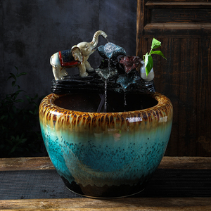 陶瓷循环流水鱼缸客厅家用落地喷泉流水瀑布造景陶瓷鱼缸养鱼盆