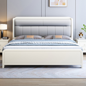 实木床1.8米双人床灰色软包真皮1.5m白色主卧现代简约法式奶油风