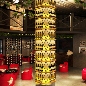 酒吧餐厅铁艺隔断墙面柱子装饰红酒架酒吧台实木发光展示啤酒架柜