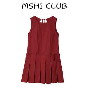 MSHI CLUB夏季宽肩带后背镂空A字可系带百褶背心连衣裙小个子短裙