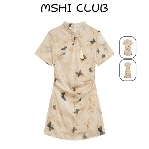 MSHI CLUB金丝剪花小立领新中式复古连衣裙女夏季新款小个子短裙