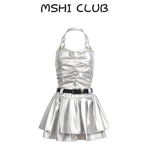 MSHI CLUB摩登未来感千禧美式辣妹银色心型扣吊带皮裙套装两件套