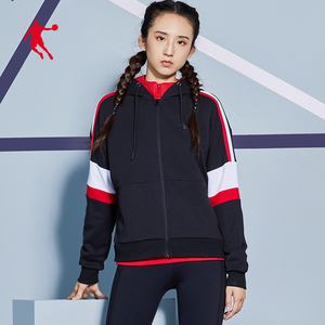 乔丹女装针织上衣女夹克外套2021春季新款连帽长袖运动服卫衣外衣